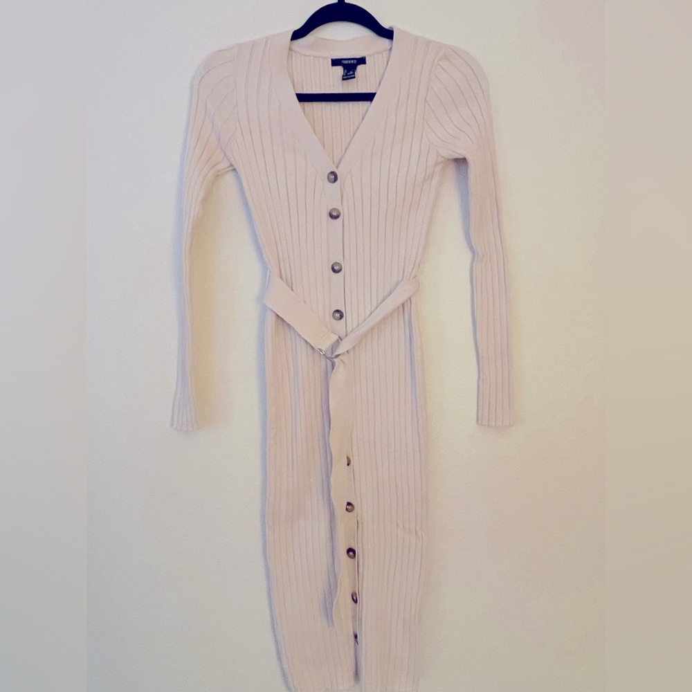 Cream Ribbed Button-Down Cardigan Dress